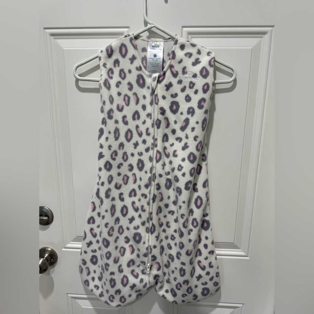 Halo Kids Fleece Sleep Sack - White with Pink & Gray Leopard Print